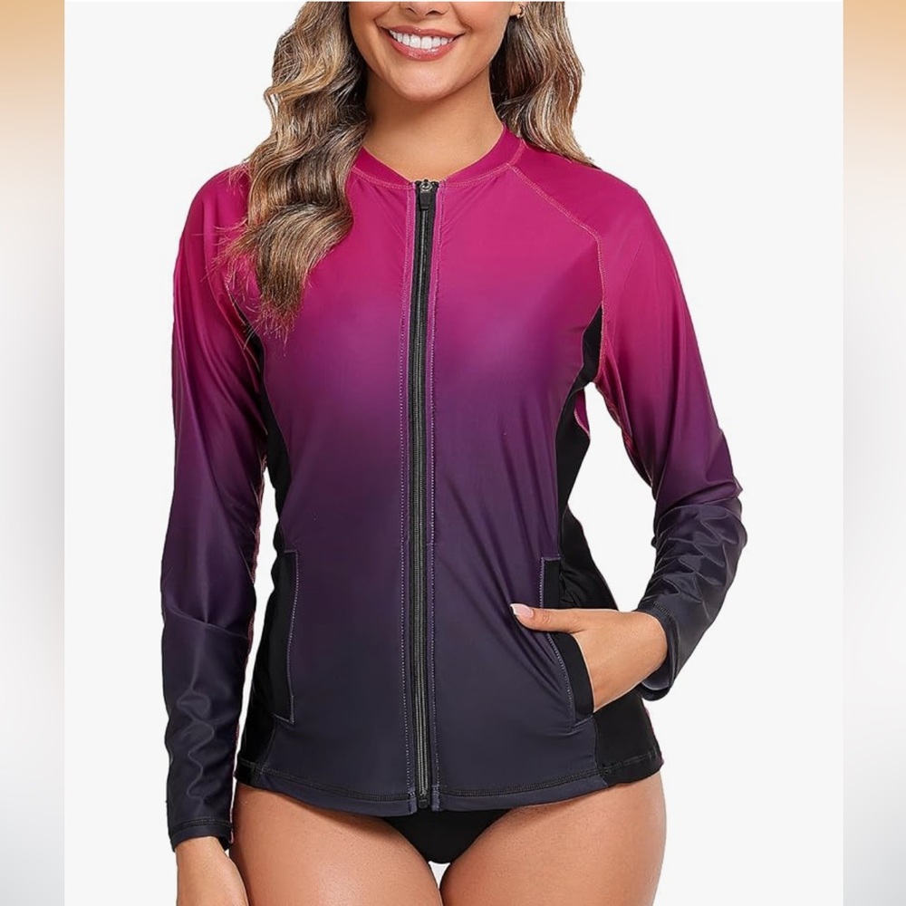 NWT Halcurt Women's Full Zip Long Sleeve Rash Guard Swim Top with Pockets UPF50+